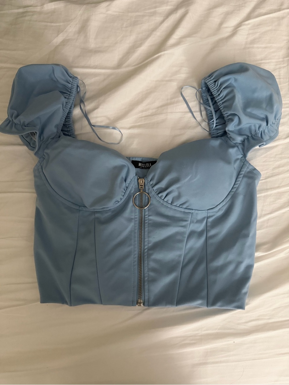 Miss Lola Powder Blue Puff Sleeve Corset Crop Top